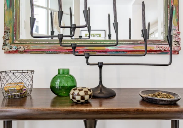 East Hampton detail of entryway console with candelabra